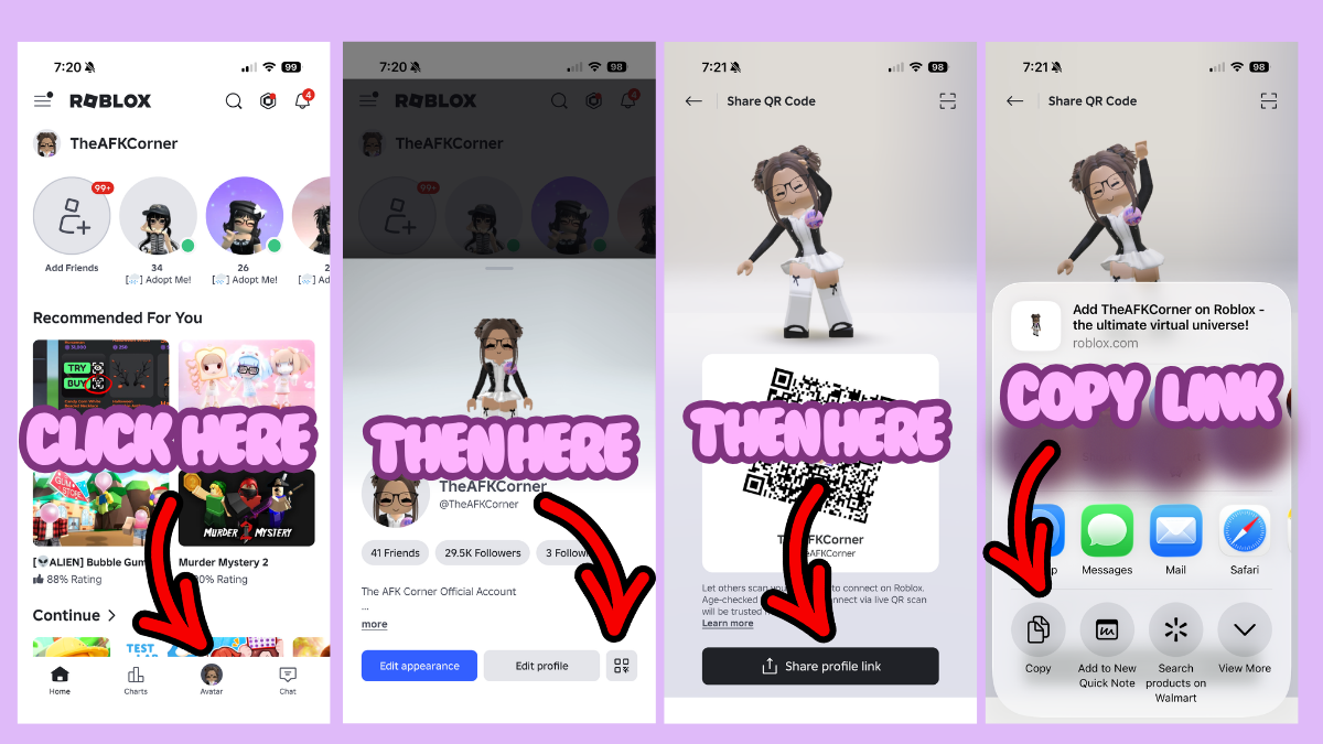Mobile instructions: tap your avatar, tap Share, then Copy Link